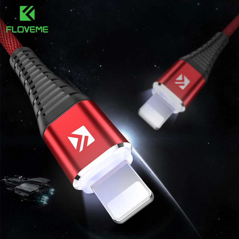

FLOVEME For iPhone XS Max XR X 8 7 Plus USB Cable Phone Charger LED 1M Charging Wire Cables For iPhone 6 5 SE Braid 2A Lighting