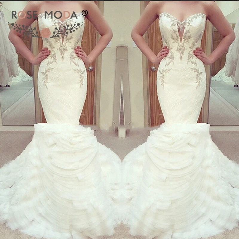 

Rose Moda Lace Mermaid Wedding Dress with Ruffled Skirt Backless Crystal Bridal Dress 2019