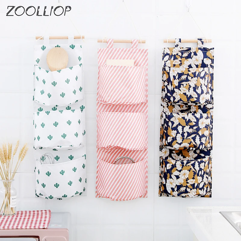  Flamingo Pattern Cotton Linen Hanging Storage Bag 3 Pockets Wall Mounted Wardrobe Hang Bag Wall Pou