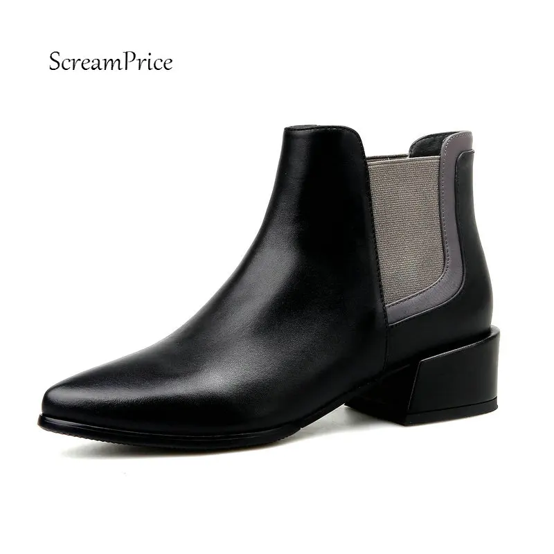 

Ladies Genuine Leather Comfort Low Heel Chelsea Boots Fashion Round Toe Fall Winter Bootie Black