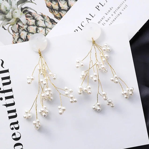 Latest Design Minimalism Gold Color Long Branches Pearls Drop Earrings For Women Ladies Chic Blossom Pearl Flower Dangle Earring