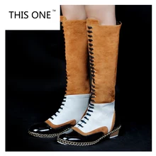 Новинка; модные женские сапоги до колена; элегантные сапоги с круглым носком на квадратном каблуке; разноцветная обувь; женская обувь; большие размеры 35-47