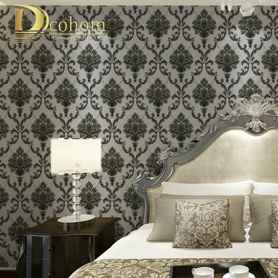 Водонепроницаемый 3D Европейский большой цветочный Дамаск обои для стен Рельефный цветок Текстурированные Настенные покрытия в рулонах серый, черный