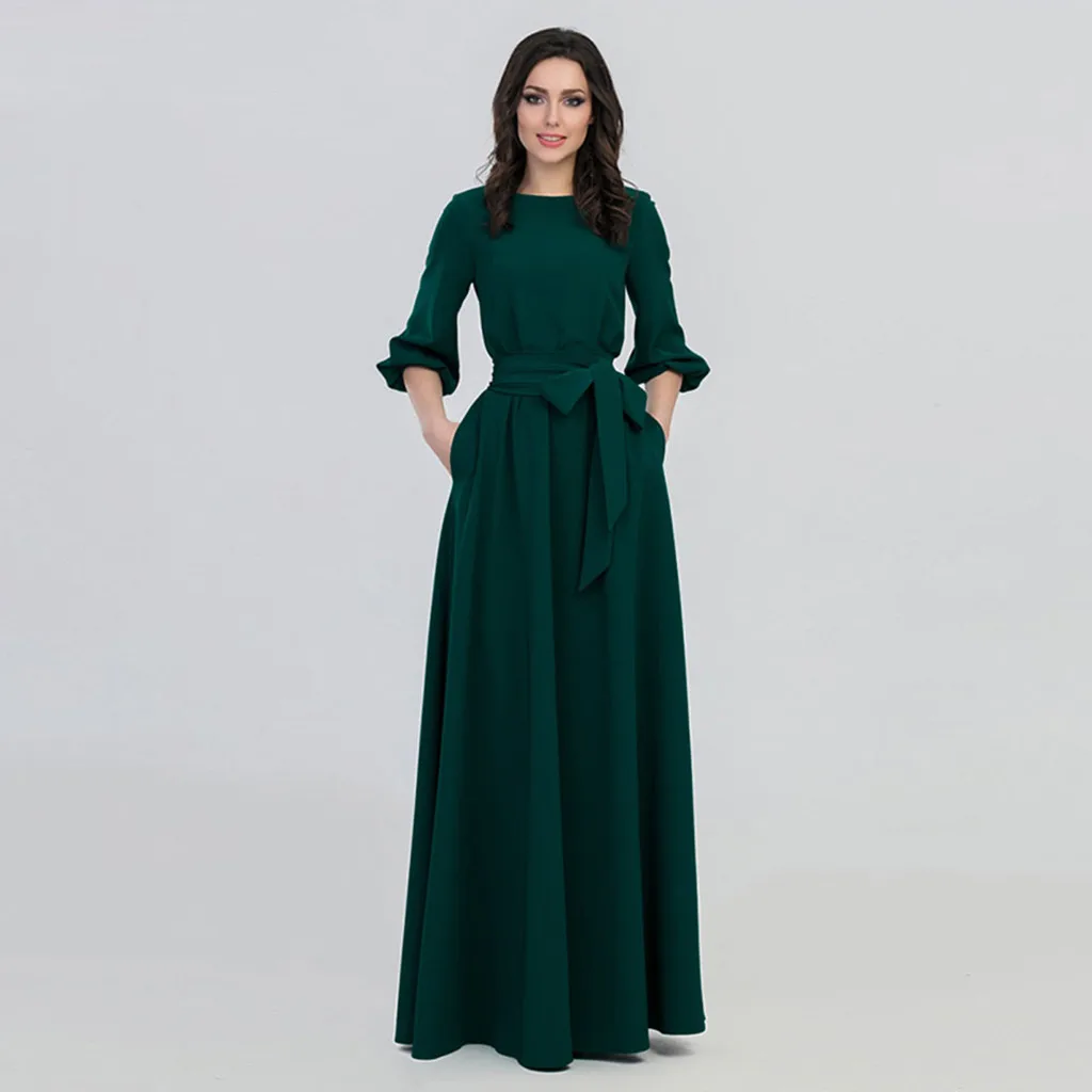 

plus size maxi dress vintage Women Summer Casual Party Dress Lantern Sleeve Solid Long Dresses With Belt 7 colors