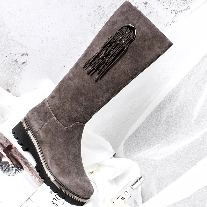 BELISS 2018 natural wool boots knee high women new fashion ladies winter boots fringe genuine leather platform  ( (5)