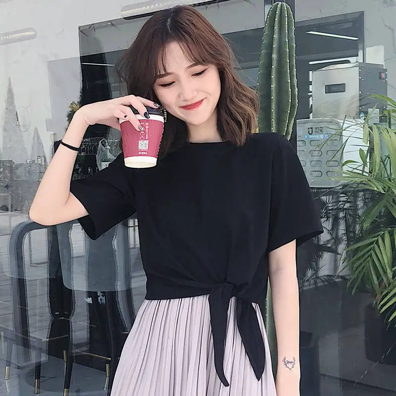 

Minimalist Personality Black White Women T-Shirt Pure Color Simple Polyester Fashion Tee Tops For Lady Female Summer Tshirts