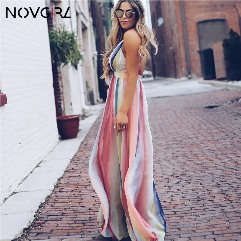 Novgirl Полосатое цветное пляжное платье макси для женщин летнее платье на бретельках с открытой спиной сексуальное длинное шифоновое платье Костюм