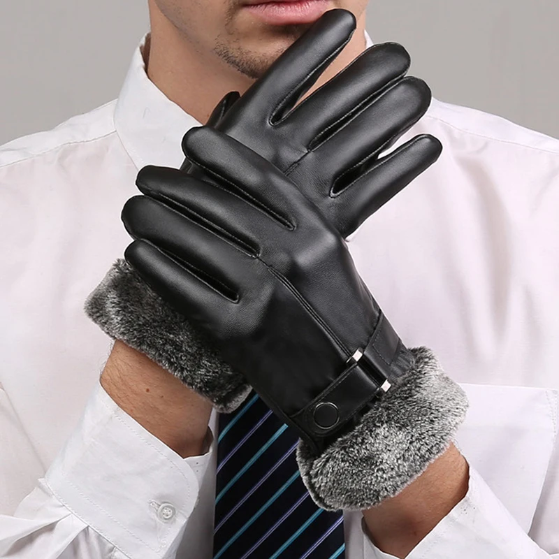 

Men Faux Fur Cuff PU Leather Windproof Gloves Black Warm Inner Winter Outdoor Gloves Male Adjustable Cuff Thicken Gloves