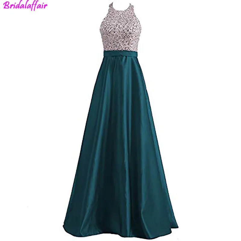 Long Satin Prom Dress 2019 Stones Beads Boat Neck Floor Party Gowns Length Open Back Beaded Evening Dress with Pocket Long Satin Prom Dress 2019 Stones Beads Boat Neck Floor Party Gowns Length Open Back Beaded Evening Dress with Pocket