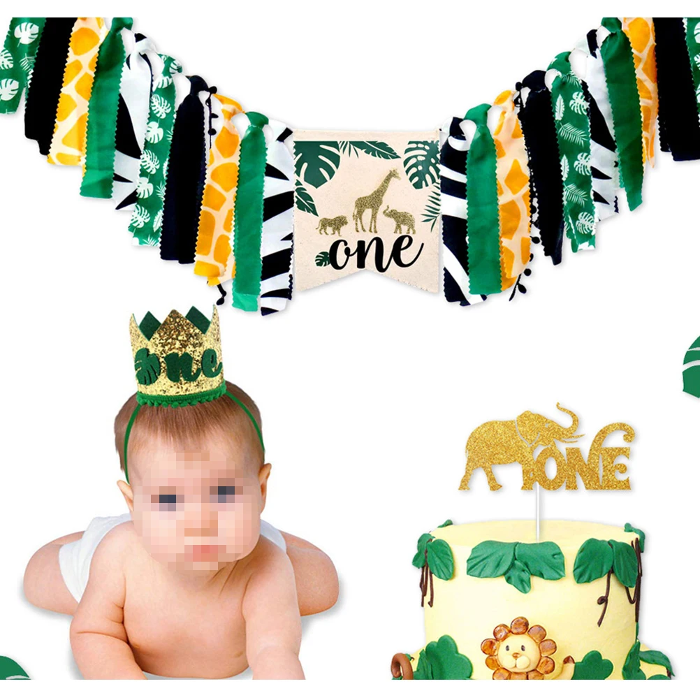 

3pcs/Pack Creative Party Decoration Jungle Animal Number 1 Birthday Party Decor Highchair Banner Cake Topper Crown Hat
