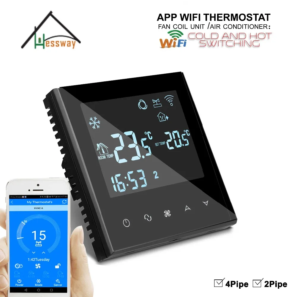 2 tubos 4 tubos botón táctil tipo ventilador bobina habitación termostato wifi para controlador de temperatura de aire acondicionado