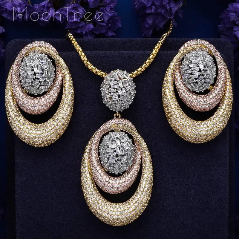 MoonTree круг геометрические модные роскошные супер AAA кубического циркония для женщин обручальное ожерелье серьги комплект ювелирных изделий