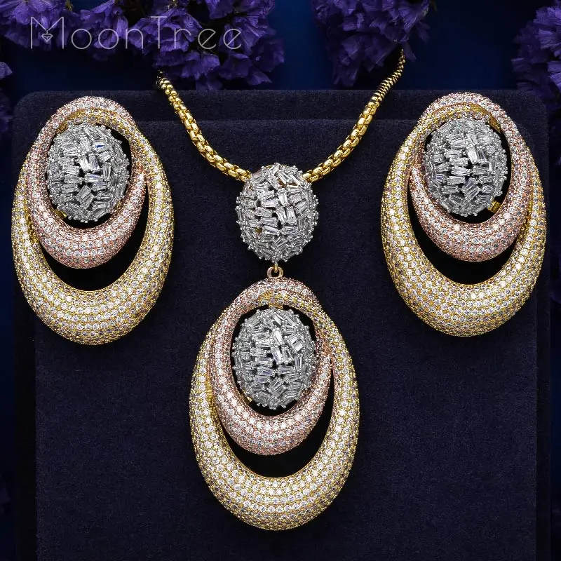 

MoonTree Circle Geometry Fashion Luxury Super AAA Cubic Zirconia Women Engagement Necklace Earring Jewelry Set