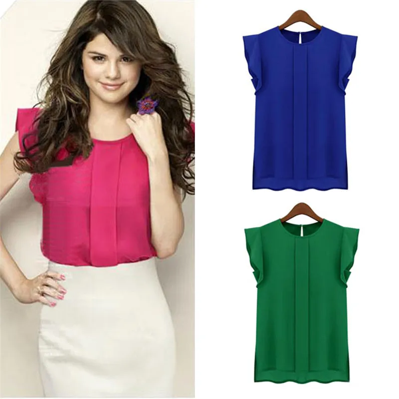 Women Casual Loose Chiffon Tops Office Ladies Short Tulip Sleeve Solid O Neck Blouse Shirt Tops
