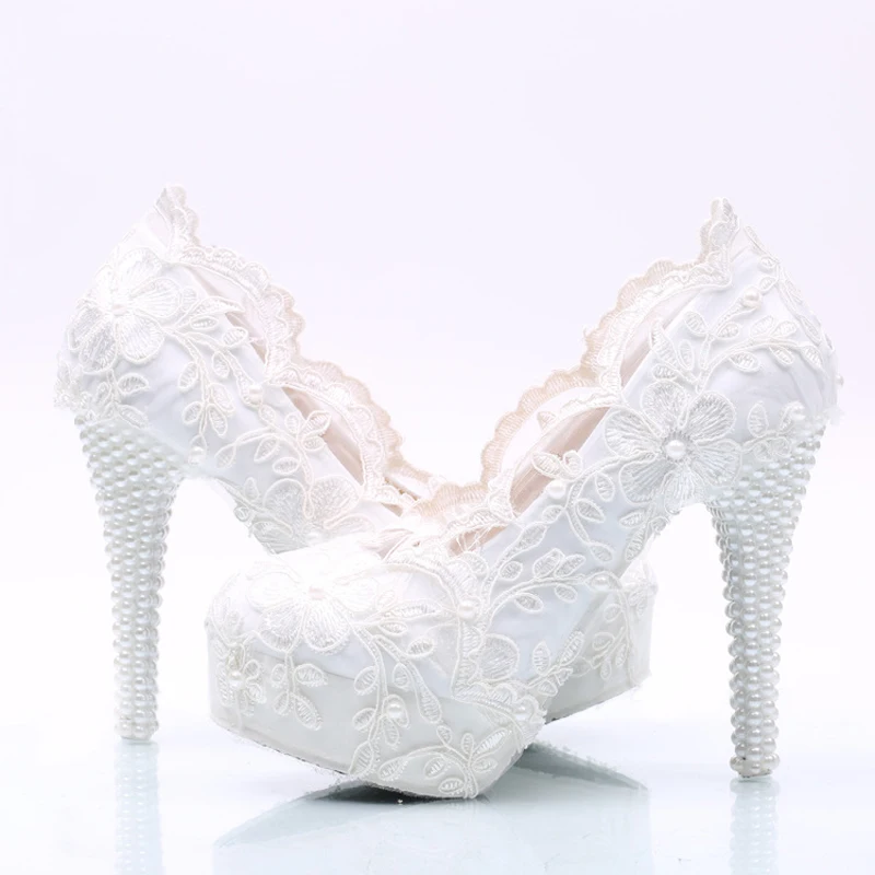 

White Flower Lace Wedding Shoes High Heel Platforms Bridal Formal Dress Shoes Adult Ceremony Pumps Bridesmaid Shoes Plus Size