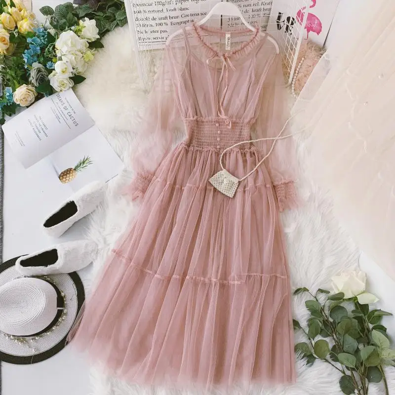 

Women Summer Puff Sleeve O-neck Lace Up Bandage Mesh Gauze Ball Gown Dress Elegant Elastic Slim Waist Tulle Voile Pleated Dress