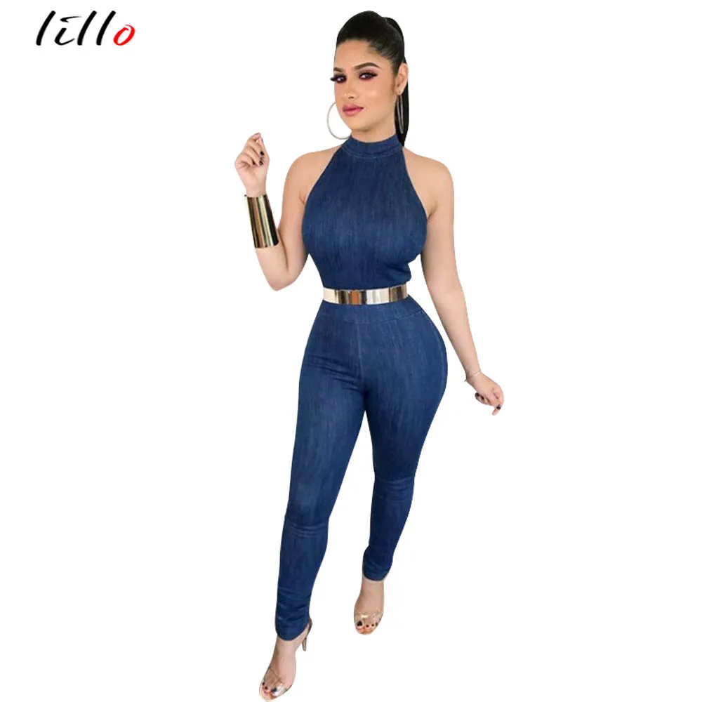 Hot denim round neck sleeveless jumpsuit fashion high quality Sexy