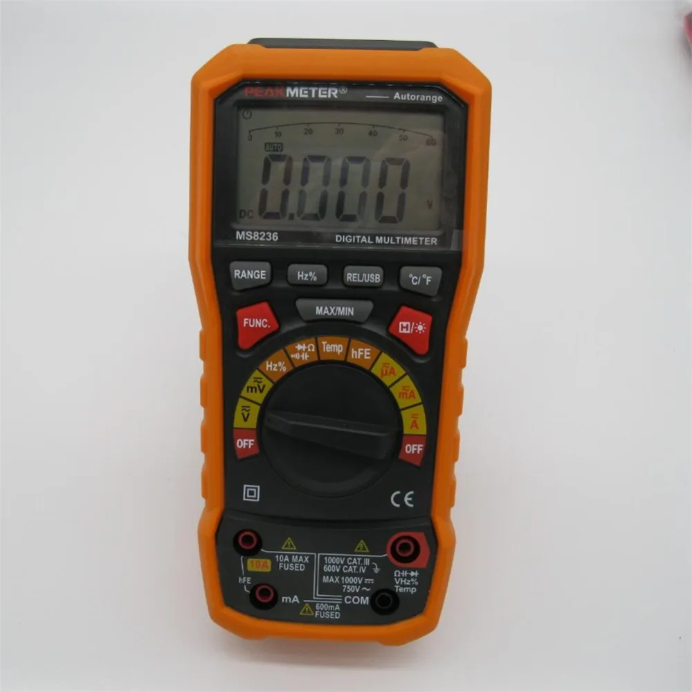 PEAKMETER MS8236 6000 отсчетов цифровой мультиметр с T-RMS/USB 1000 В 10A 60 м ом 100mF 10 МГц рабочий цикл температуры