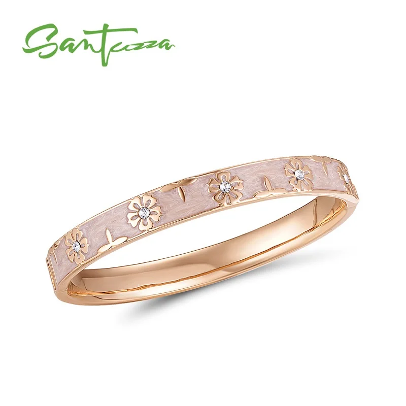 Модный женский браслет SANTUZZA, многоцветные браслеты с цветами, сверкающие кристаллы, модные ювелирные изделия ручной работы, эмаль - Окраска металла: Rose Gold (Pink)