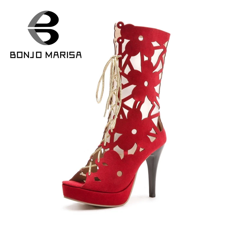 

BONJOMARISA Women Cutout Summer Mid Calf Boots Flower Decoration Lace Up High Heels Open Toe Platform Shoes Big Size 32-44