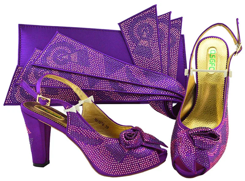 

2018 Purple Color Italian Shoes with Matching Bag Set Decorated with Rhinestone African Wedding Shoe and Bag Set MM1076