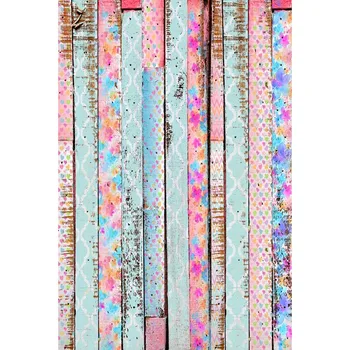 

Vinyl Photography Multi colored backdrop with flowers overlaying wood planks. F-2671