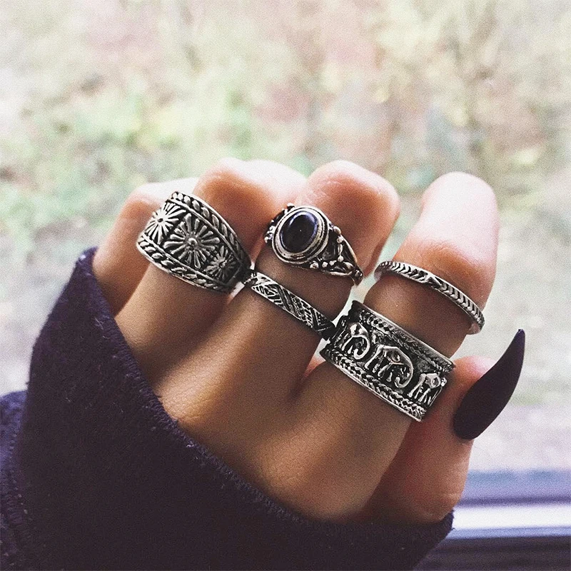 

5 Pcs/set Women Bohemia Retro Elephant Arrow Round Gem Geometric Silver Ring Party Beach Casual Jewelry Accessories