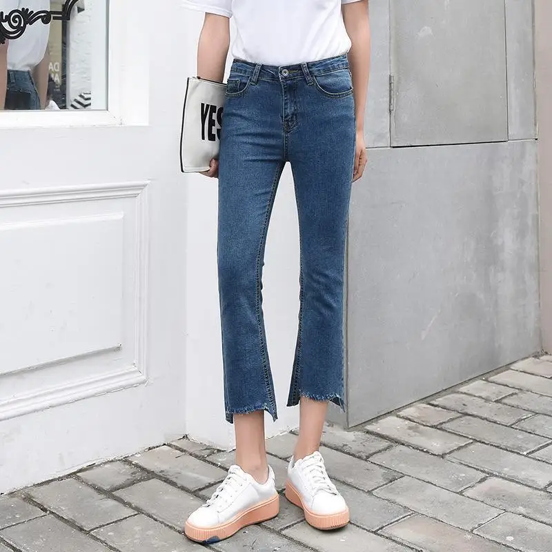 

Denim Blue Jeans Pants Woman 2019 Capri Pants Denim Blue Mid Waist Trousers Plus Size 32 Ladies Summer Ripped Pants High Quality