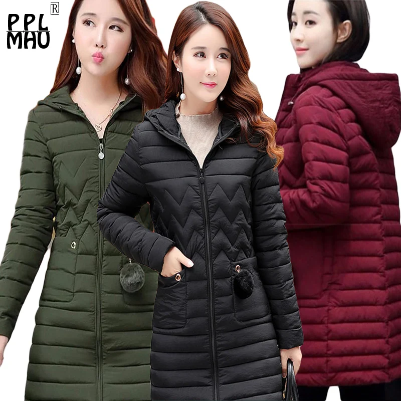 

Wave Slim Winter Woman Coat Casual Long Sleeve O Neck With Cap Pocket Hairball Long Parka Women Keep Warm Female Jacket XL-6XL