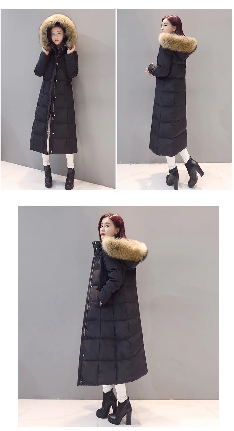 Real Raccoon Fur White Duck Down Coat Winter Jacket Women Long Warm Solid Color Hooded Parka Plus Size Snow Outwear Okb167