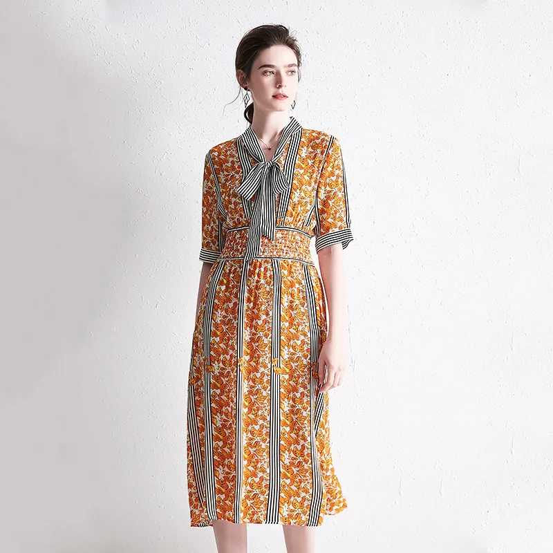 

100% Silk Dress Summer Orange Printing Midi Dresses Ribbons Striped Bow High Waist Tunic sukienka