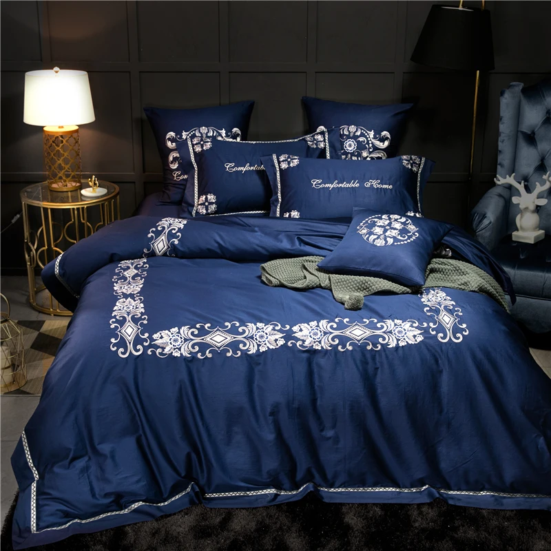 

4Pcs Luxury Egypt Cotton Retro Elegant Bedding Set Embroidery Ribbon Duvet cover set Bed Sheet Pillowcases Queen King Size