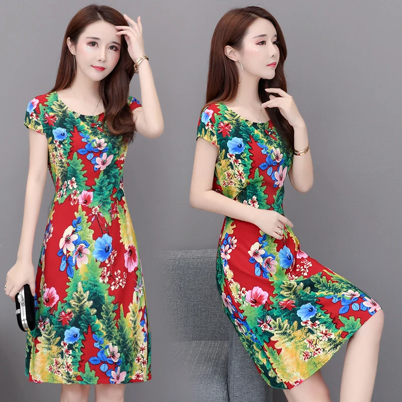 

Plus Size S-6XL Promotion New Vestidos Mujer Women Dress 2019 Dress Women Round Neck Short-sleeved Cotton Printed Slim Belt