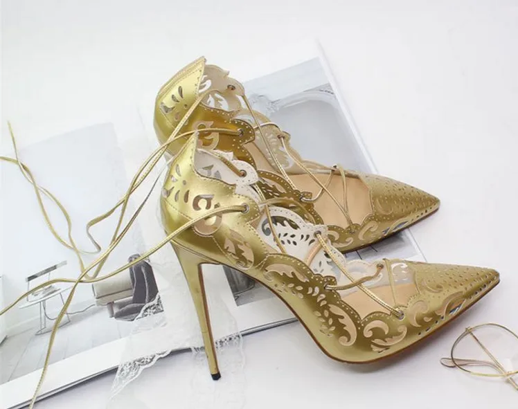 Ch. КВОК Sapato Femmes Розовый Золото Impera лазерная резка на высоком тонком каблуке женские туфли-лодочки с острым носком на шнуровке с вырезами обувь под вечернее платье - Цвет: as pic