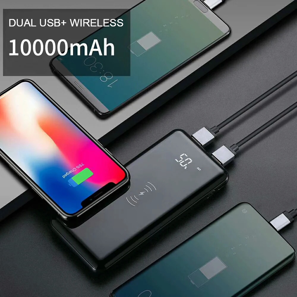 Внешний аккумулятор с ЖК-дисплеем 10000 мА/ч для iPhone X 8 Plus samsung S9, зарядное устройство с двойным USB, быстрое зарядное устройство, беспроводное зарядное устройство, внешний аккумулятор
