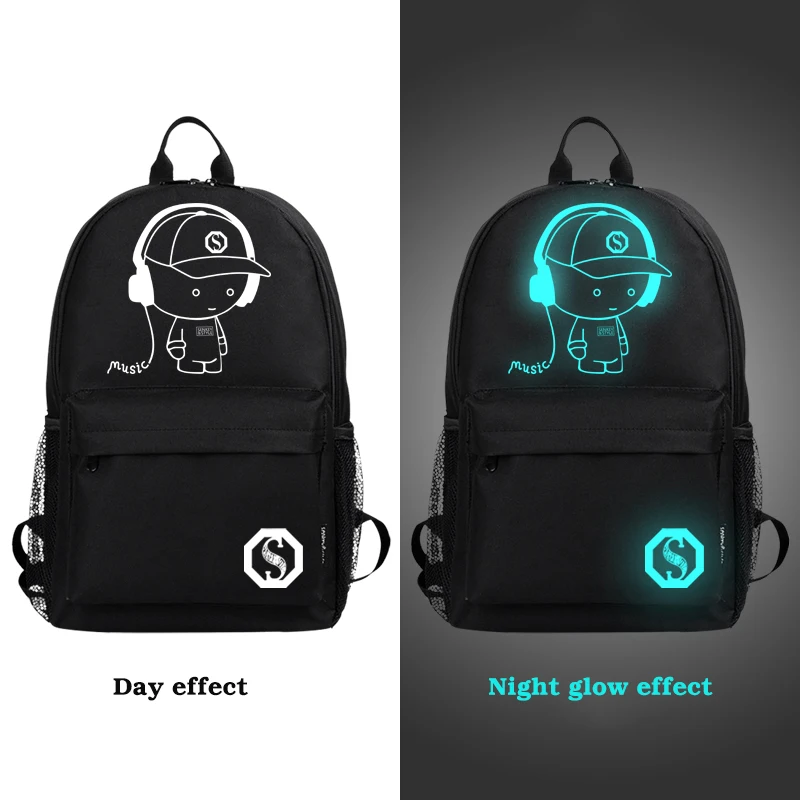 Anime luminoso estudiante escuela mochila para niño niña Paquete De día multifunción puerto de carga USB y Bolsa Escolar de bloqueo negro