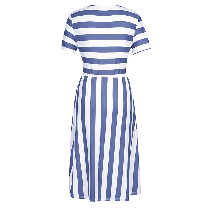Red Black A Line Casual Dresses Women Summer Dress Short Sleeve Striped Midi Dress O Neck Pocket Summer Holiday Dresses