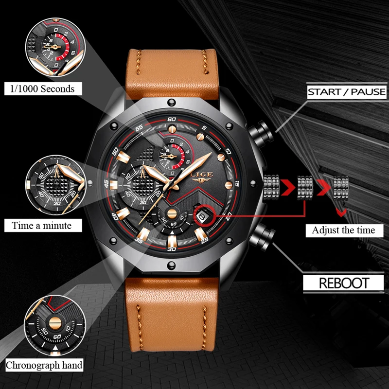 

2019 LIGE New Men Watch Top Brand Luxury Leather Polygon Dial Quartz Clock Men's Fashion Military Waterproof Sport Watch Relogio