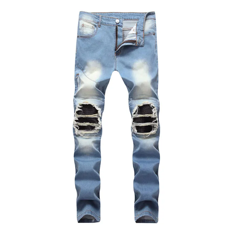 

2019 Famous High Street Fashion Men Jeans Blue Color Destroyed Ripped Jeans Jeans Men Motor Biker Jeans Homme
