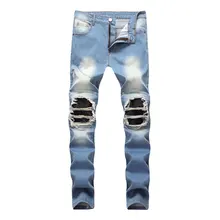 2019 Famous High Street Fashion Men Jeans Blue Color Destroyed Ripped Jeans Jeans Men Motor Biker Jeans Homme blue fashion lace details bodycon ripped jeans