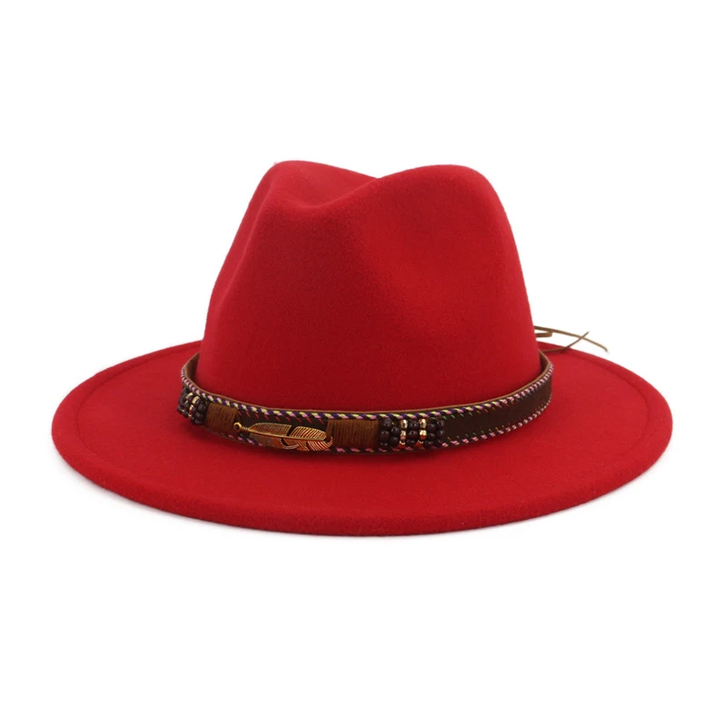 QIUBOSS суперзвезда с широкими полями винтажные шерстяные фетровые шляпы для женщин Панама Федора для мужчин фетровая шляпа сомбреро Chapeau Femme Gambler Trilby - Цвет: Красный