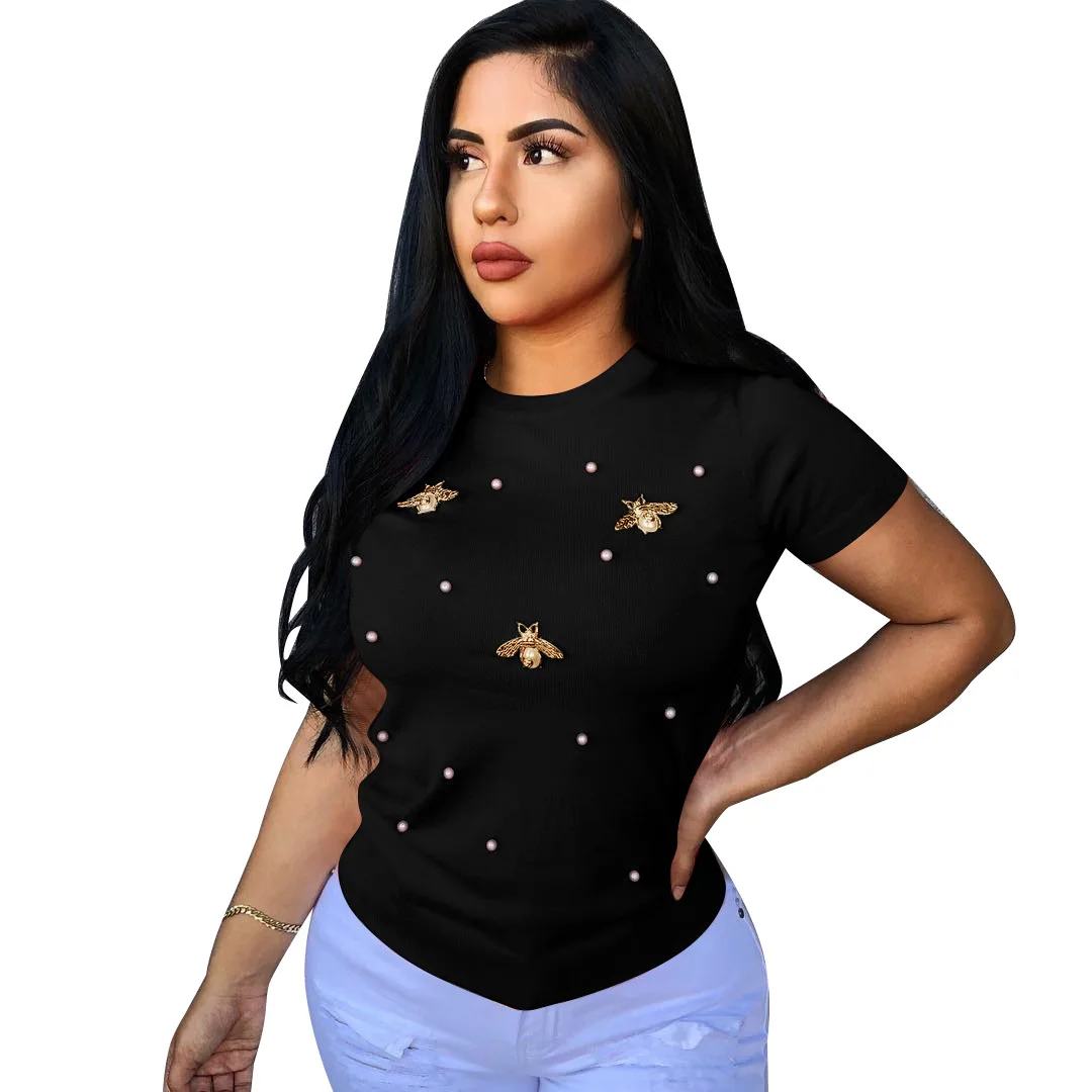 Женская Классическая футболка с коротким рукавом, жемчугом, бусинами и бабочками, женская летняя футболка с круглым вырезом, Повседневная футболка размера плюс - Цвет: Черный