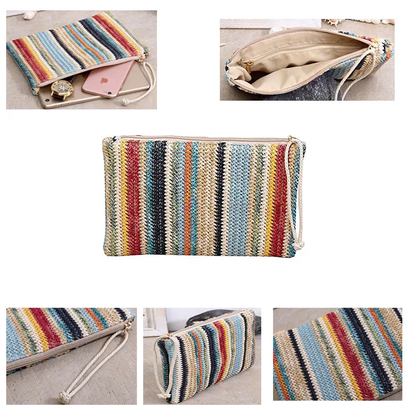 de Palha Tarja Crochê Patchwork Casual Embreagens Dia