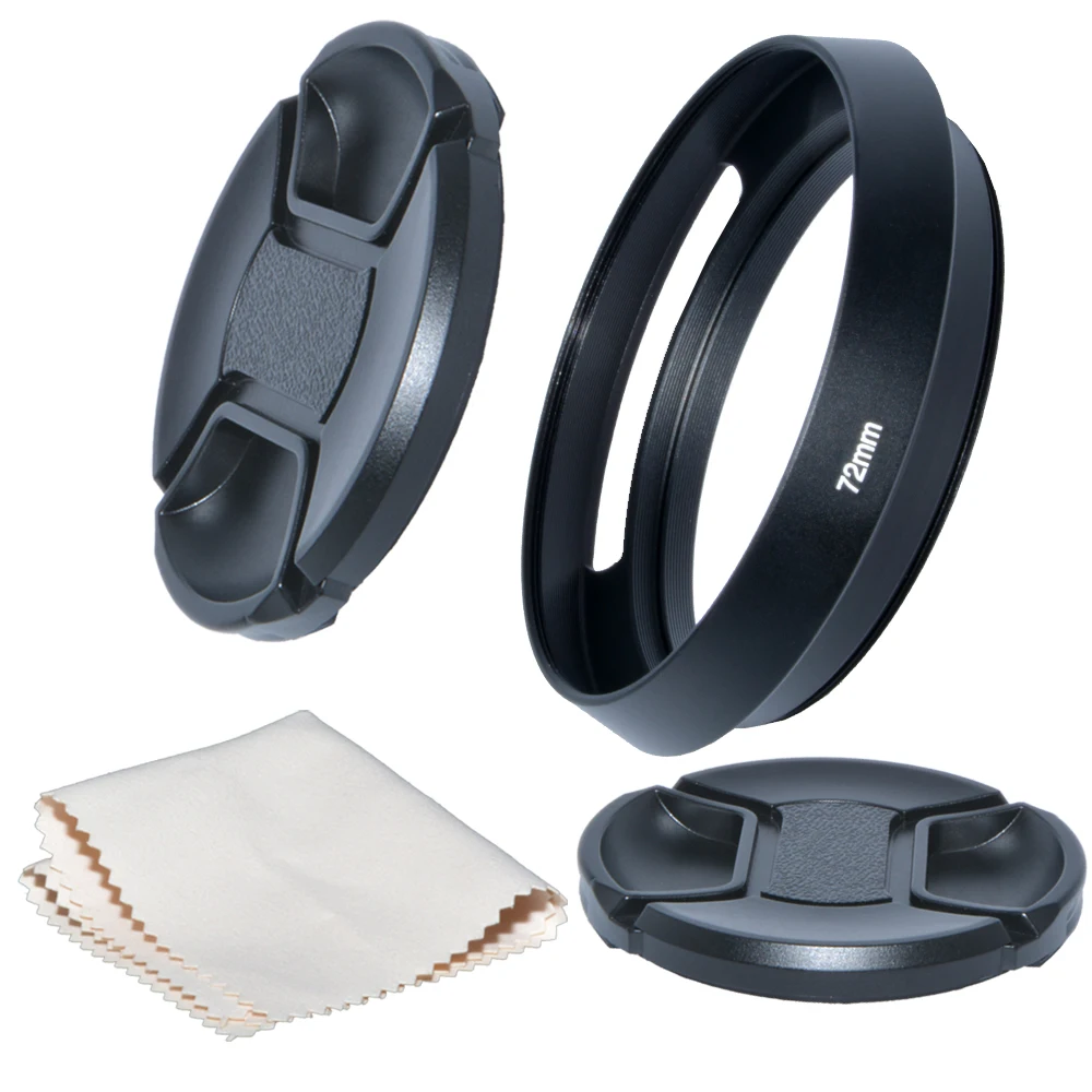 

Just Now 72mm Camera Tilted Vented Metal Lens Hood+Cleaning Cloth+2pcs Lens Cap for Standard Thread Lens for Nikon for Canon