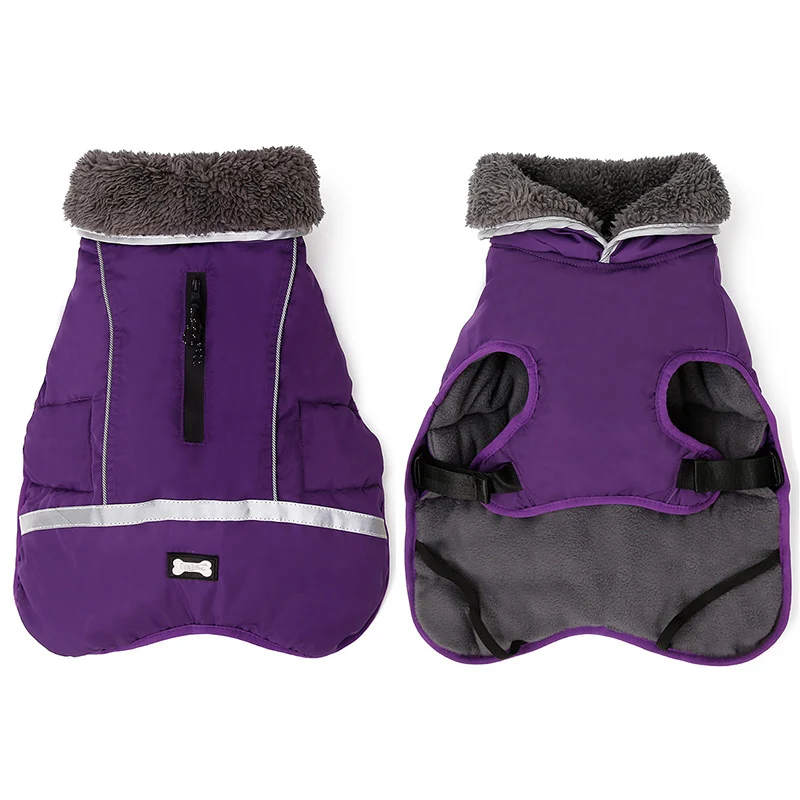 С теплым густым мехом Одежда для больших собак Зима Водонепроницаемый Pet курта для собак Светоотражающие золотистый ретривер, Питбуль Костюмы - Цвет: Purple