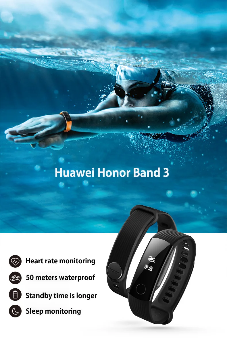 Huawei Honor Band 3 Смарт-браслет в режиме реального времени с контролем сердечного ритма 5 атм водонепроницаемый для плавания фитнес-трекер для Android iOS