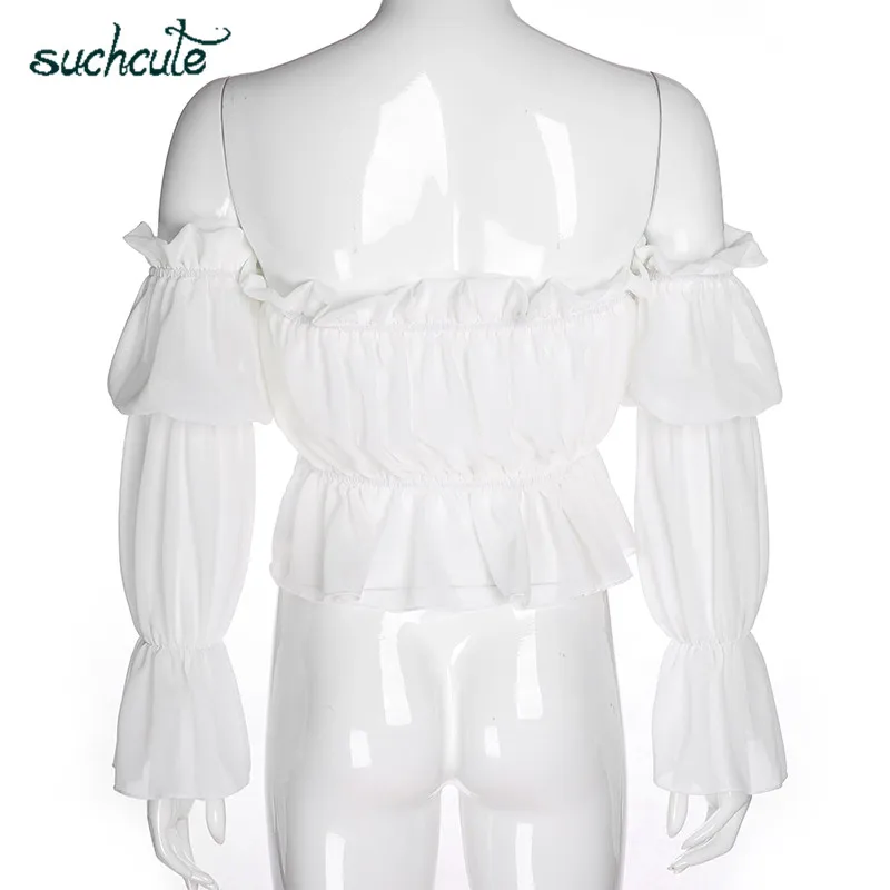 SUCHCUTE блузка Для женщин на одно плечо, длинное платье с длинным рукавом, с кружевами, лентами и топы женские летние корейский стиль Modis Харадзюку Готический Haut Femme