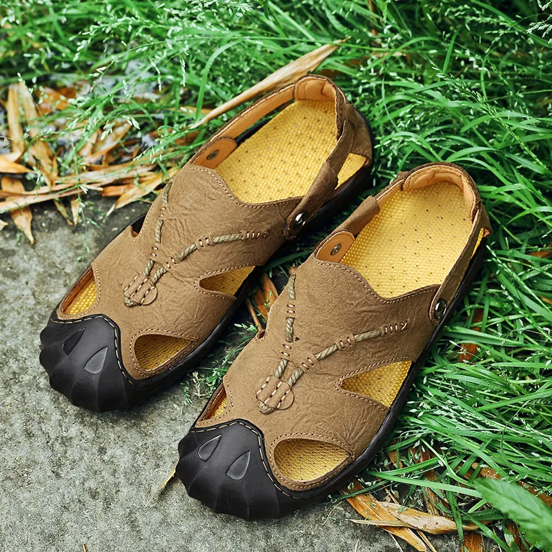

Men Sandals 2019 Genuine Leather outdoor Cowhide Male Summer Shoes handmade Outdoor Beach Slippers Casual Sandals Sandalen L5