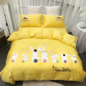 

Yellow Pink Cute Cartoon Rabbit Embroidery 60S Egyptian Cotton Girl Bedding Set Duvet Cover Bed Sheet Pillowcases Gift For Child