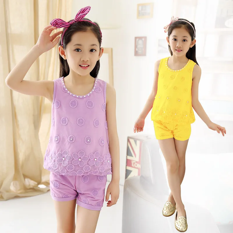 

Kids Girls Summer Children New Lace Two Piece Sports Sleeveless T-shirt Suit Kids Clothing Sets 4 Colour